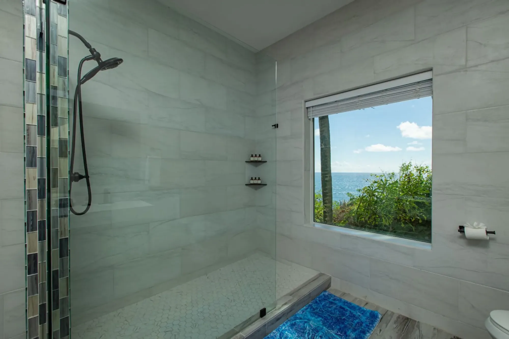 A walk-in shower with an ocean-view window