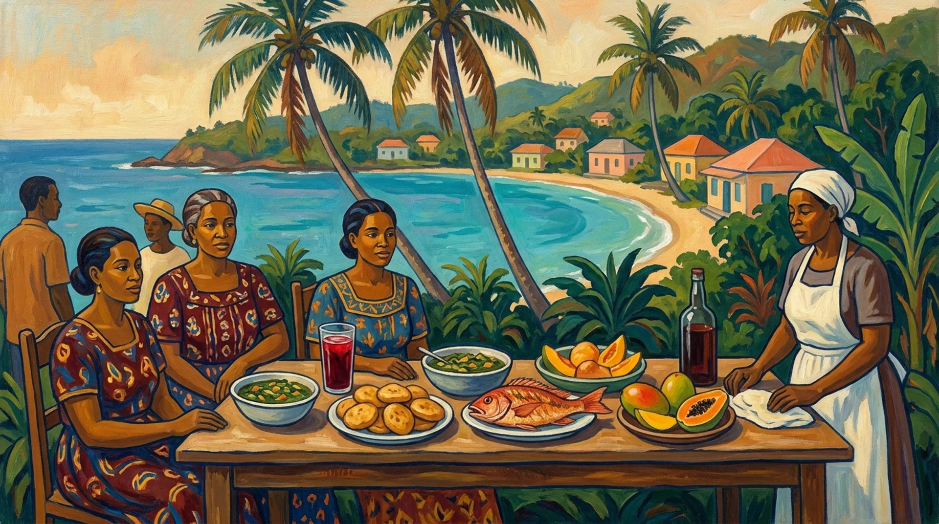 An original painting of Crucian island food — women at a table of local dishes above a turquoise St. Croix bay