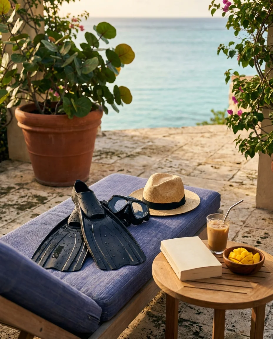 Fins and a mask set aside on a lounger with a straw hat, iced coffee and mango on the last morning