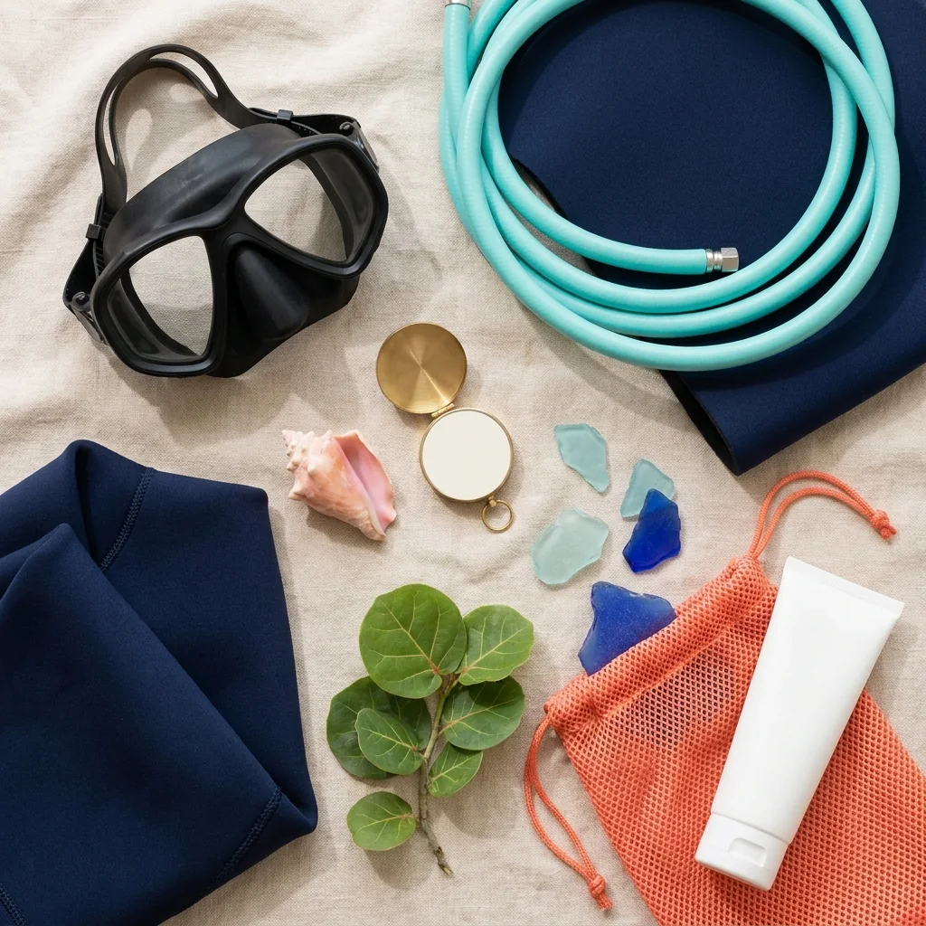 A diver's week in materials: a mask, regulator hose, neoprene, a compass, sea glass and sea grape leaves on linen