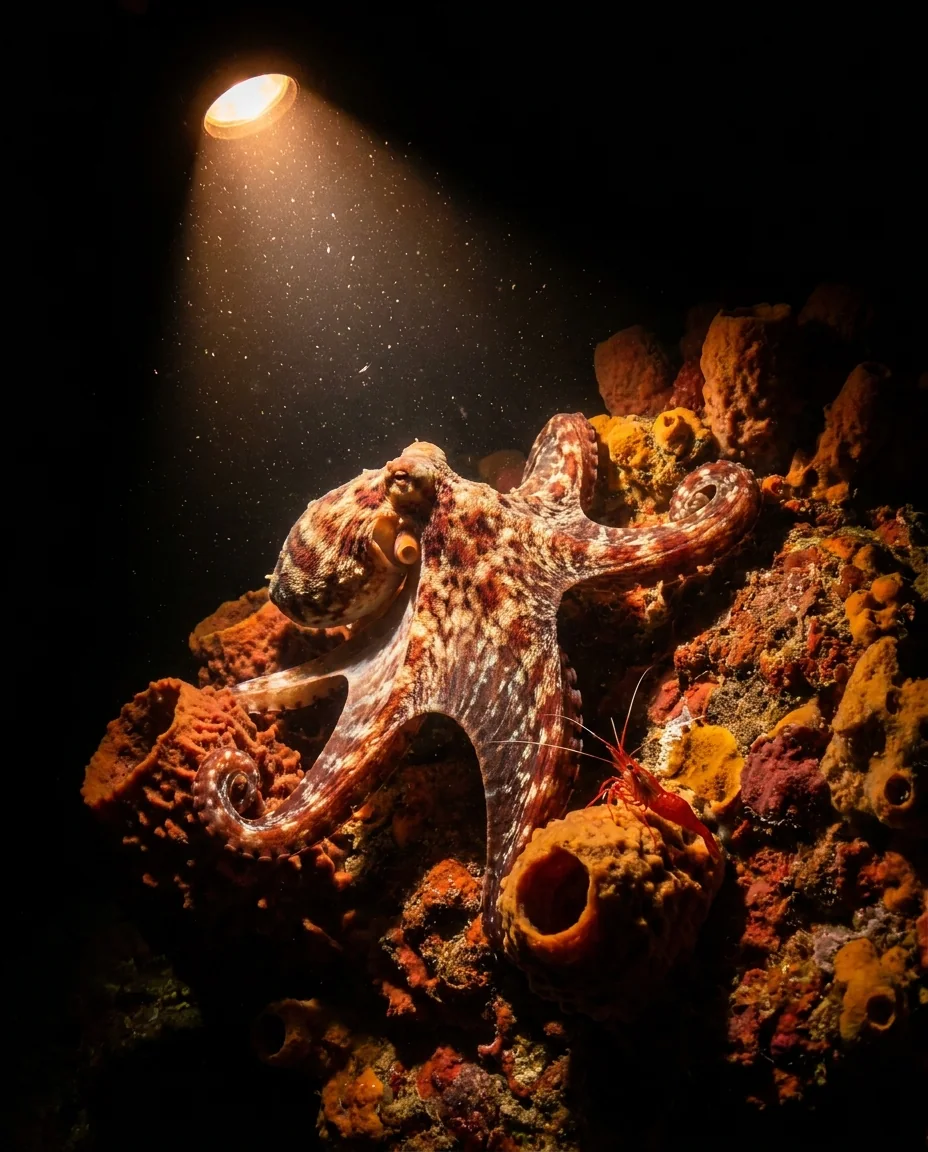 A dive light picks out an octopus spread across an orange sponge in black water