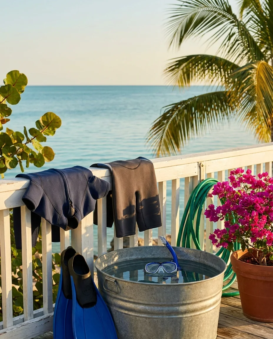 Wetsuits and fins drying on a whitewashed rail above the sea, with a mask soaking in a tub of fresh water