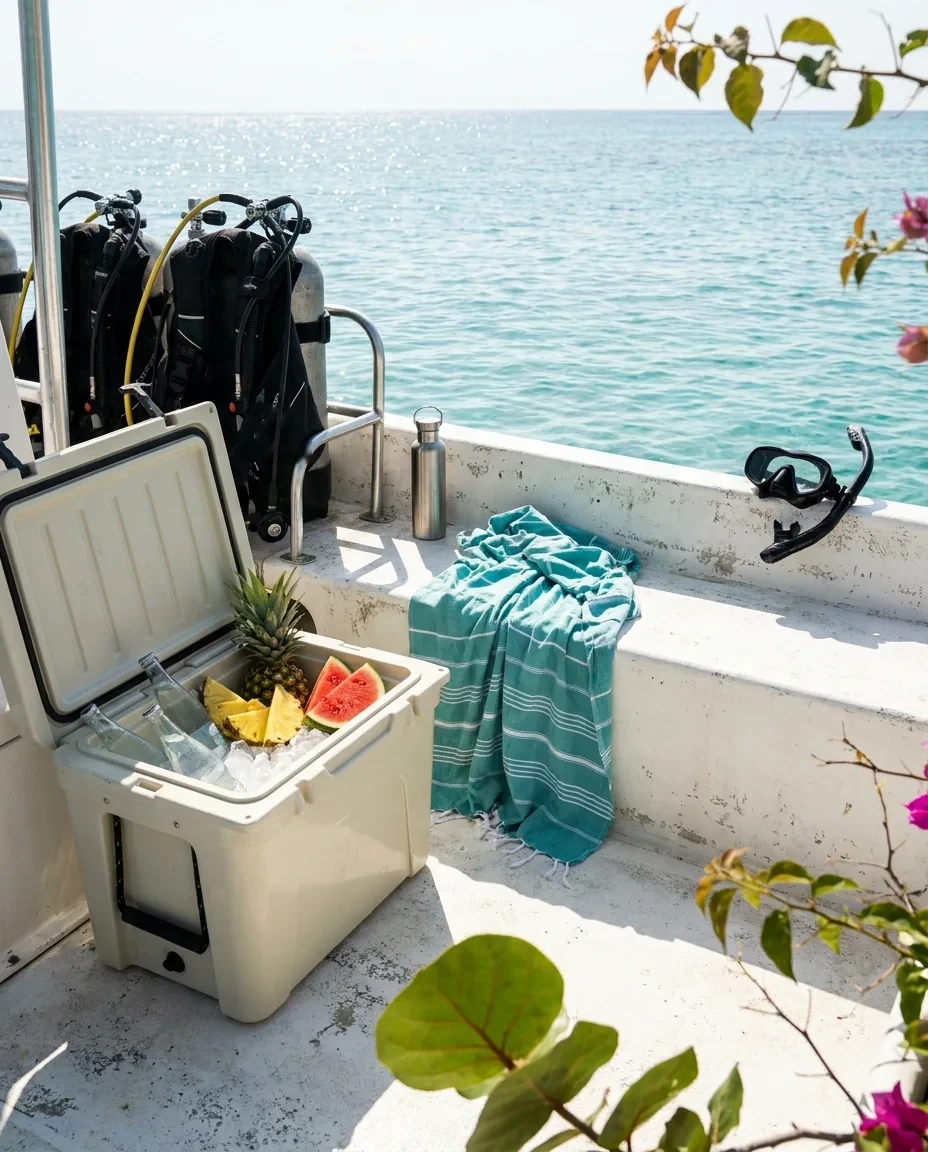 A surface interval on a dive boat: water, fresh pineapple and watermelon, towels and tanks in the rack