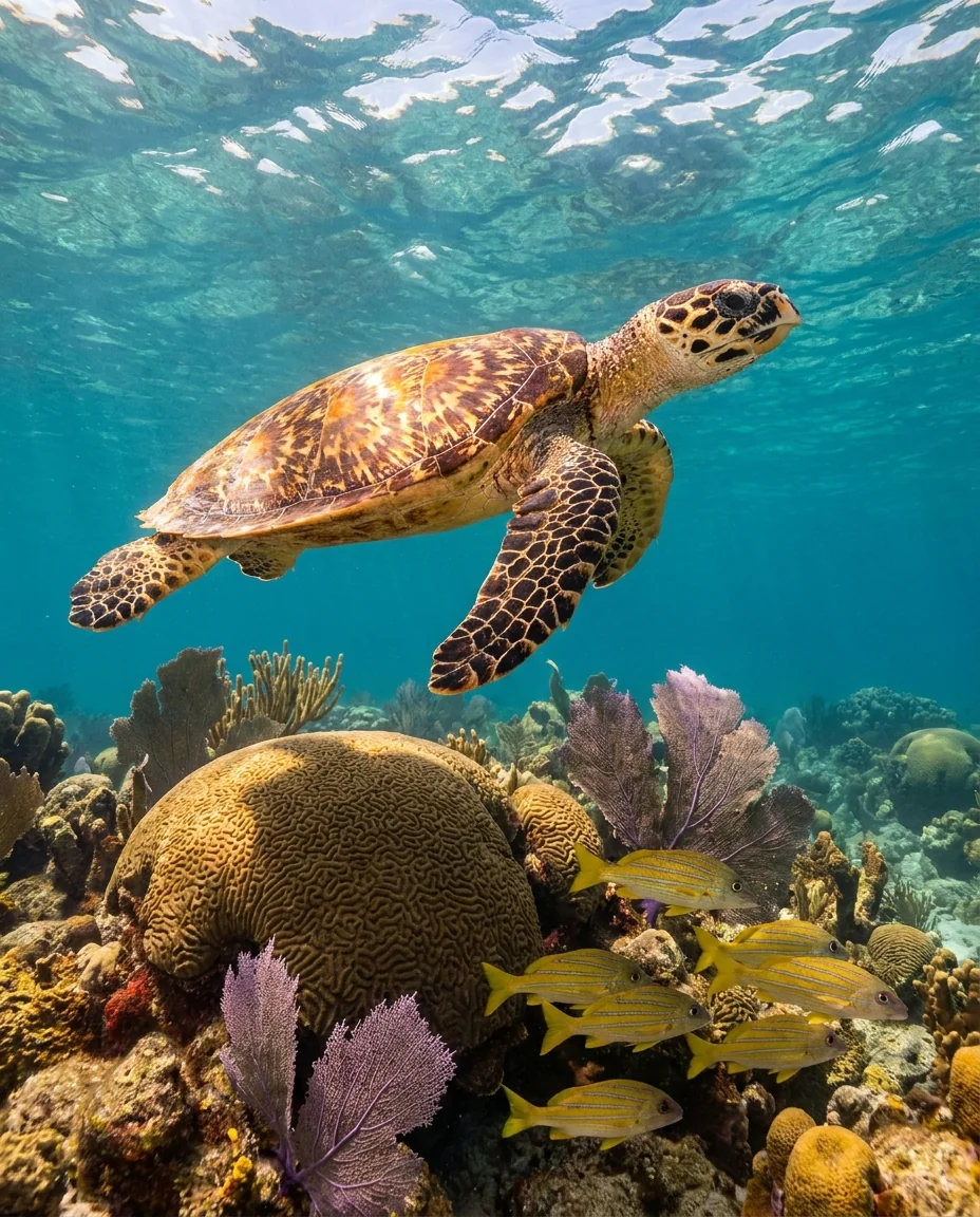 A hawksbill sea turtle gliding over brain coral and sea fans on a Caribbean reef