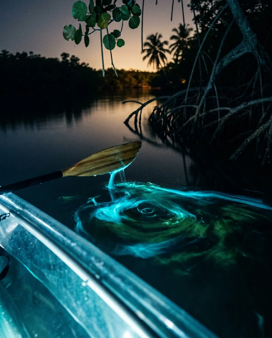 A kayak paddle lifting glowing blue water at night