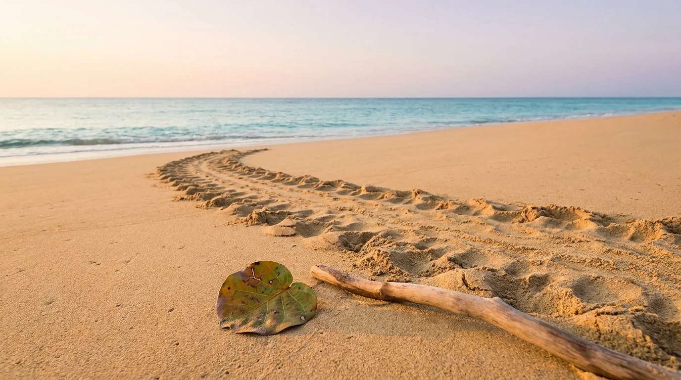 A sea turtle's track up a beach at dawn