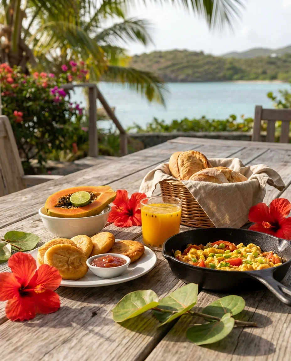 A halved papaya with lime, fried johnnycakes with guava jam, eggs with scallion and tomato and passion-fruit juice