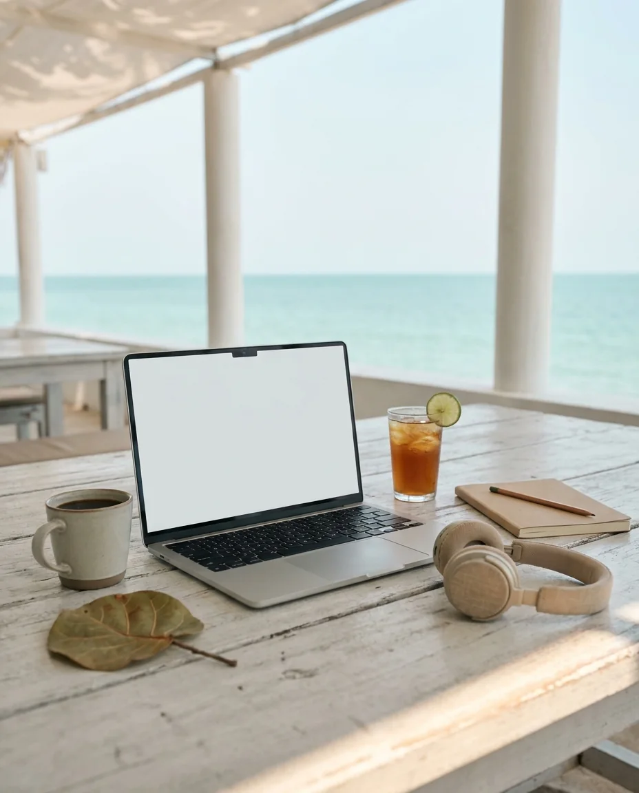 A laptop, coffee, iced tea and a notebook on a shaded terrace table above the sea