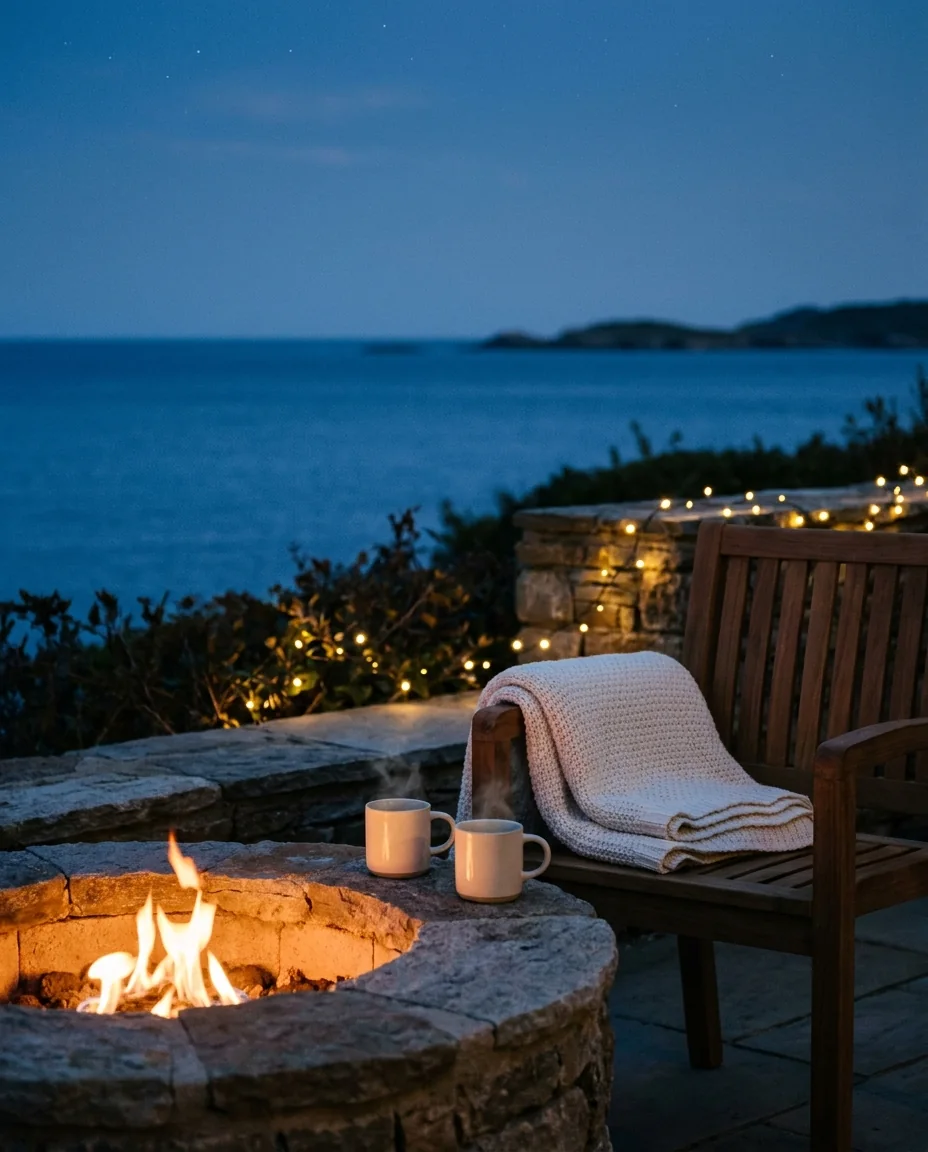 A stone fire pit at blue hour with two mugs of hot chocolate and a throw on a teak chair