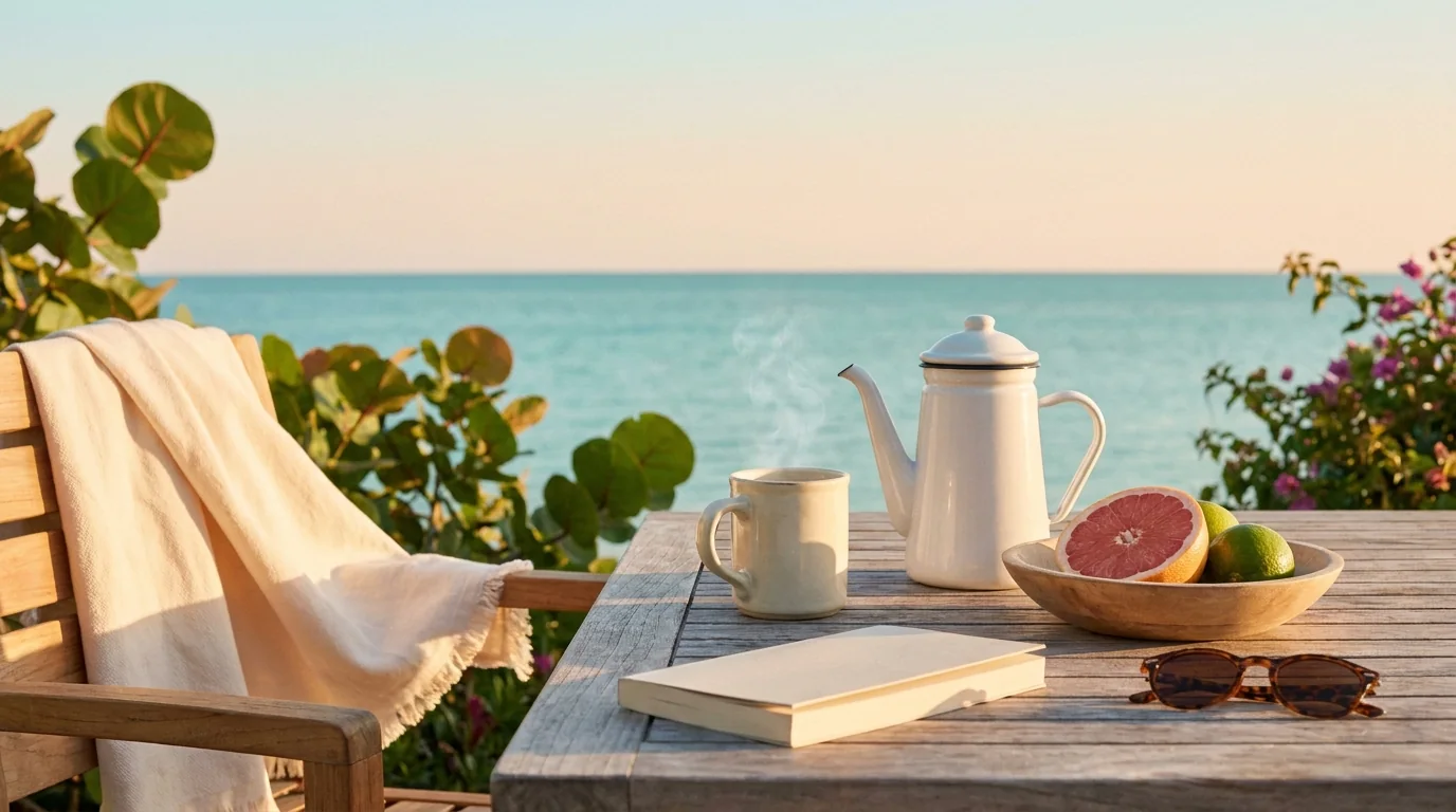 Illustration of a winter morning on a terrace above the sea: a coffee pot and mug, a halved grapefruit and limes, a cream throw over a teak chair and a paperback
