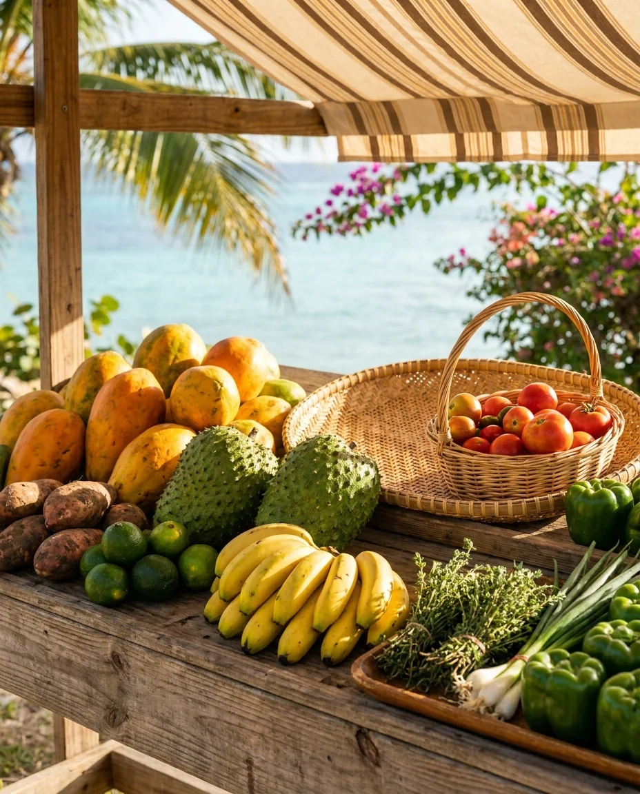 Papayas, soursop, limes, sweet potatoes and fresh herbs on a farm-stand table