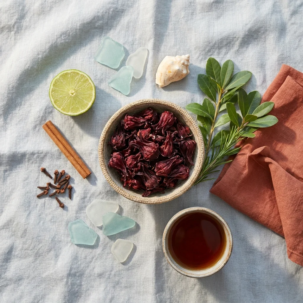 Island winter colors: dried sorrel, lime, cinnamon, sea glass and sea grape leaves on linen