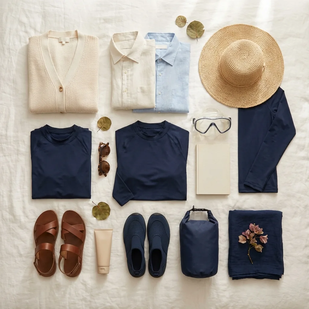 A winter packing flat-lay: a cotton cardigan, linen shirts, a rash guard, a straw hat, sandals, water shoes, a snorkel mask and a sarong