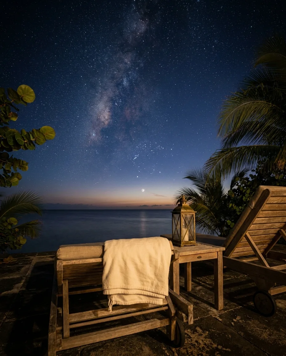 Two teak loungers, a folded blanket and a brass lantern on a dark terrace under the Milky Way