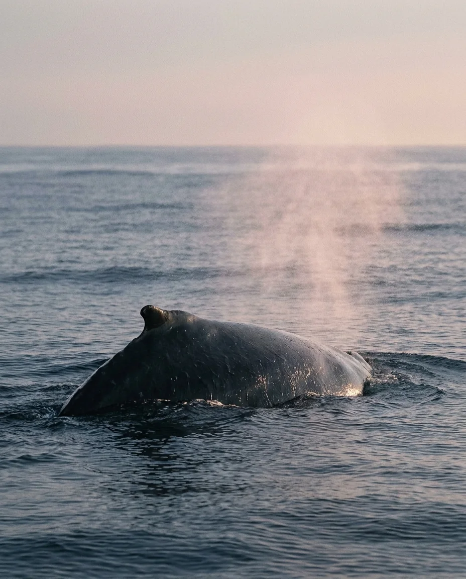 The back and blow of a humpback whale far offshore on a calm morning