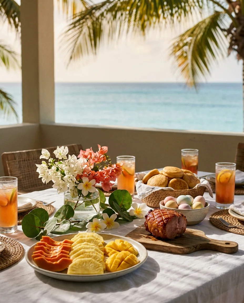 A spring brunch table on a shaded terrace above the sea, with tropical fruit, a glazed ham and johnny cakes