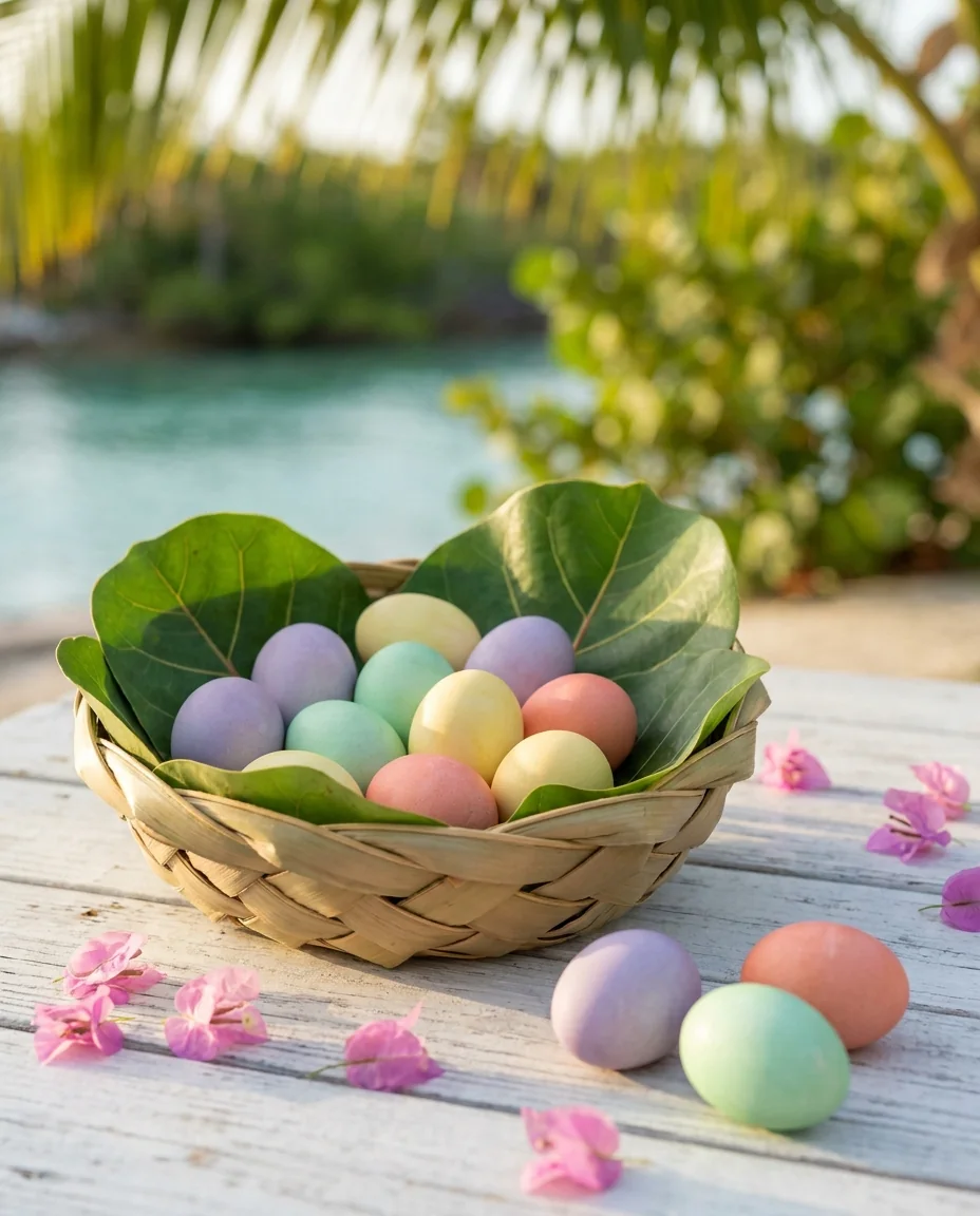 Pastel Easter eggs in a palm-leaf basket lined with sea grape leaves