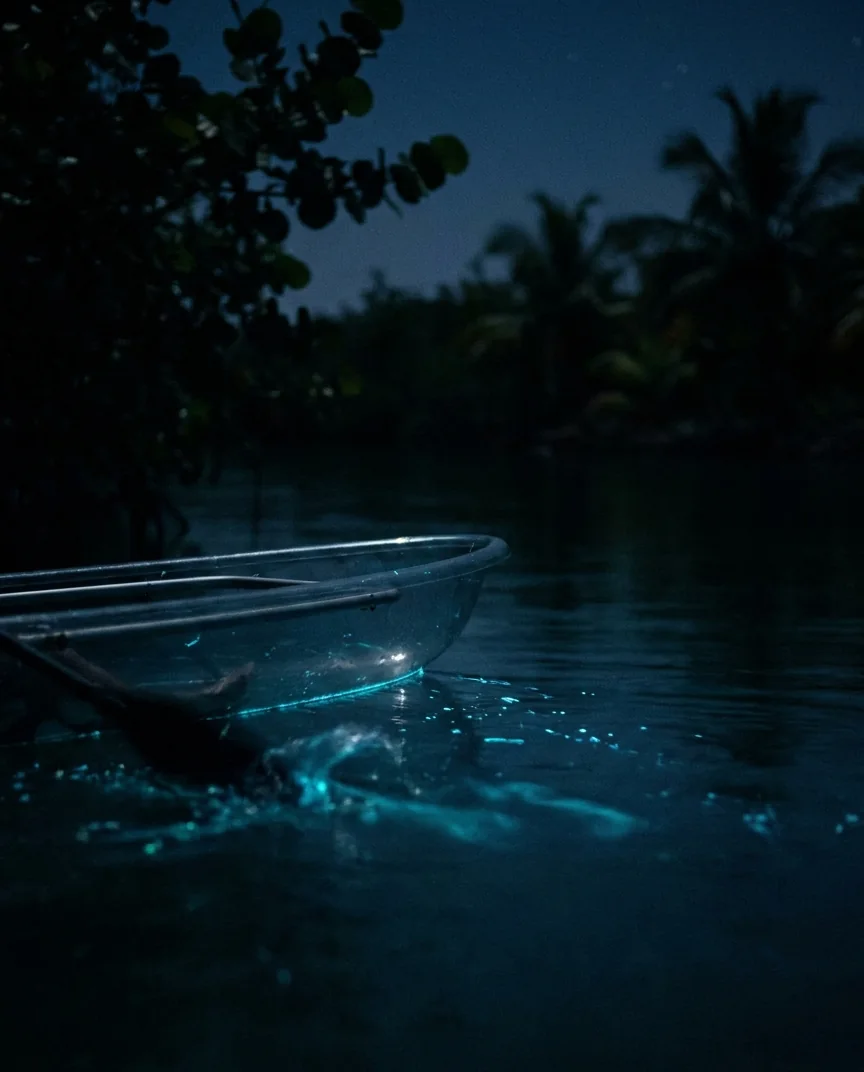 A clear kayak gliding through dark water that glows blue-green where the bow disturbs it