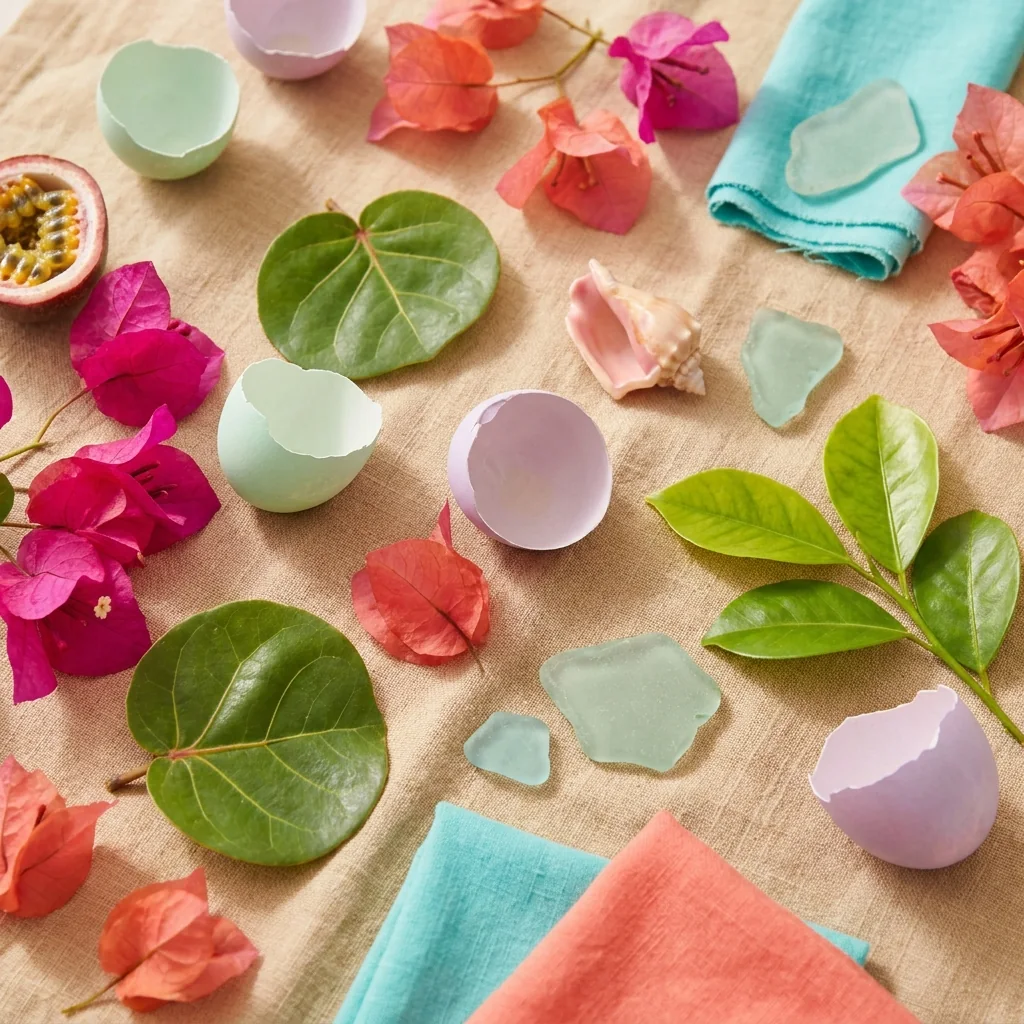 Island spring colors: bougainvillea, sea grape leaves, passion fruit, sea glass and pastel eggshells