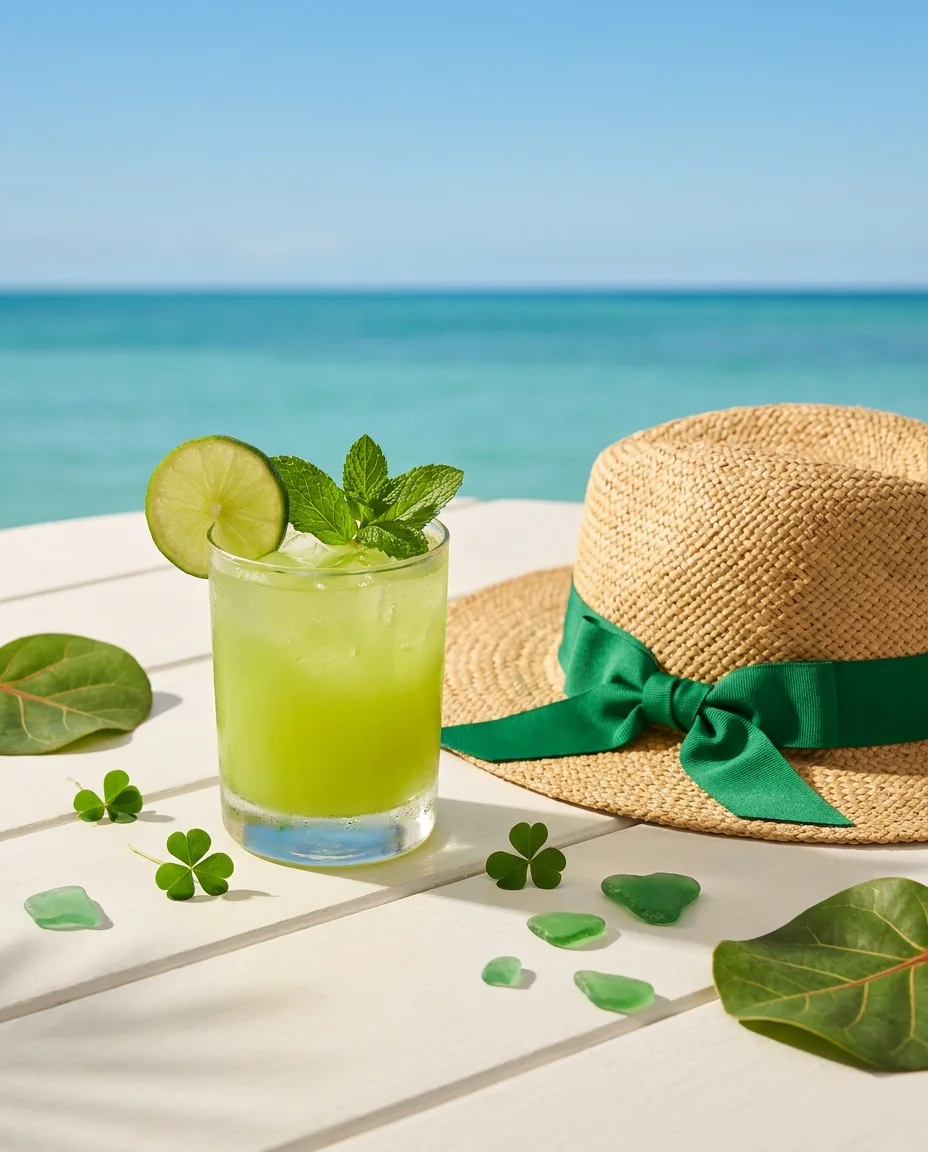 A green St. Patrick's Day touch: lime punch, mint, a ribbon on a straw hat and green sea glass