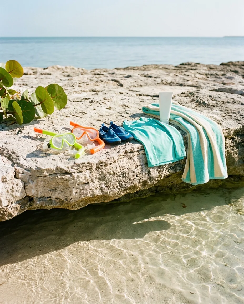 Child-size masks, water shoes, a rash guard and mineral sunscreen on a rock ledge above calm, clear water