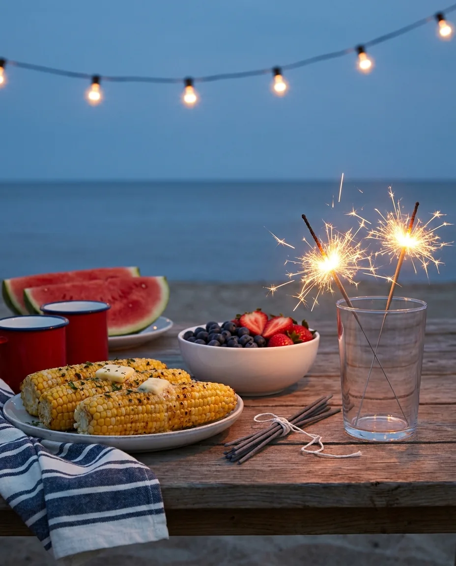A Fourth of July table at dusk, with grilled corn, berries, watermelon and sparklers