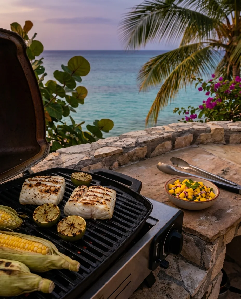 Fish fillets, limes and corn on the grill at sunset, with mango salsa on the side