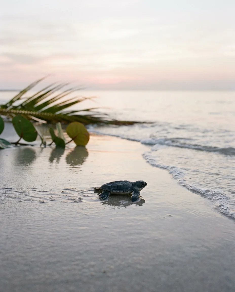 A sea turtle hatchling crossing wet sand toward the water at first light