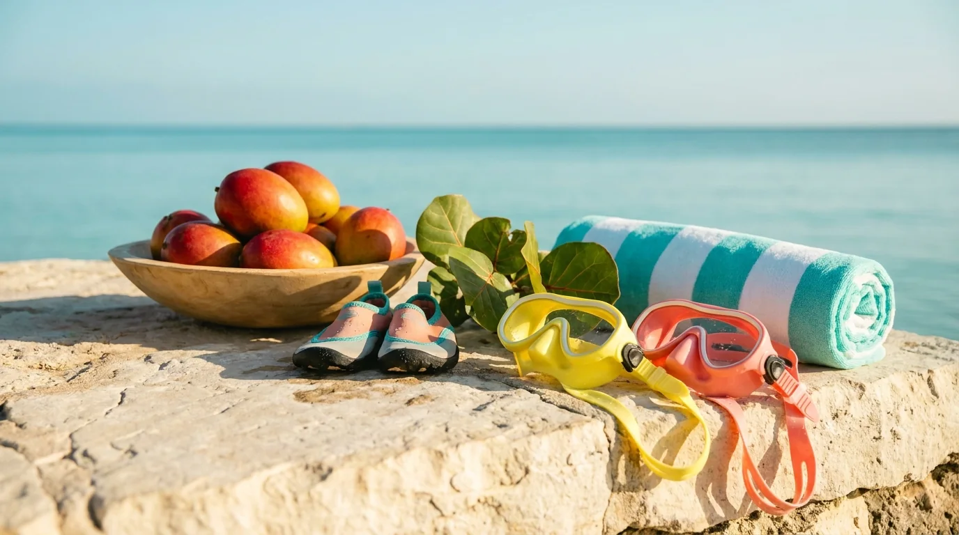 Illustration of a summer morning on a limestone ledge above a calm turquoise sea, with a bowl of ripe mangoes, two children's snorkel masks, small water shoes and a rolled striped beach towel