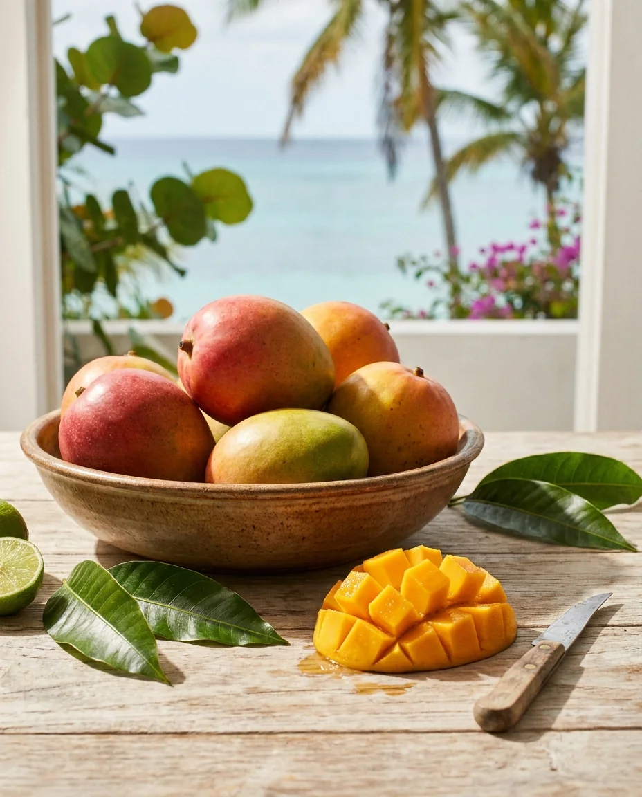 A bowl of ripe mangoes, one cut into cubes, on a weathered table