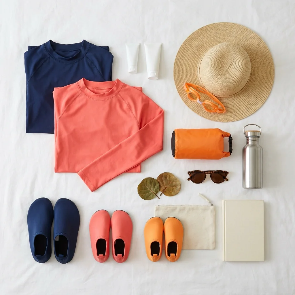 A family's summer packing: rash guards, mineral sunscreen, water shoes, a hat and a dry bag