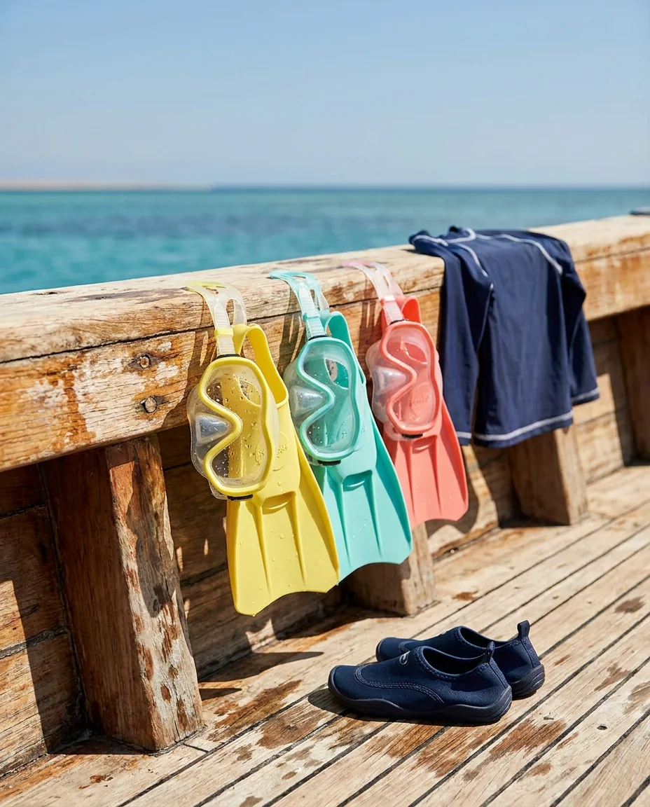 Children's masks, fins and a rash guard drying on a deck rail after a morning snorkel