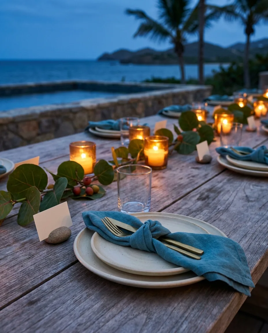 Place settings for a big family dinner, laid outdoors at dusk