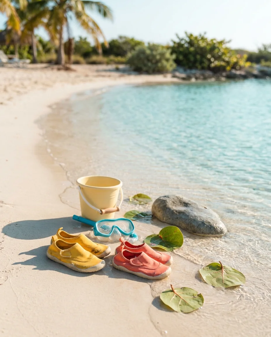 Water shoes, a pail and a mask at the edge of a calm, shallow beach