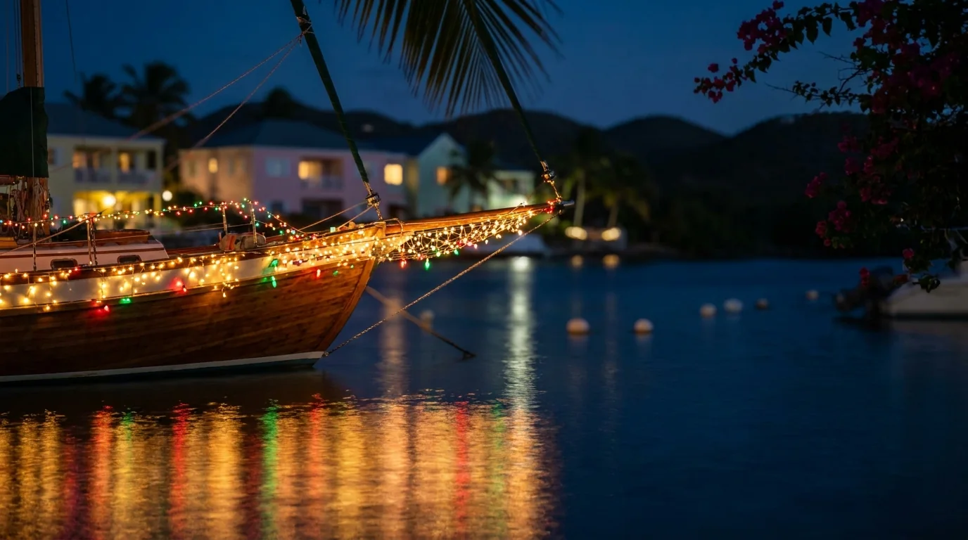 Sailboats outlined in holiday lights on a calm harbor at night