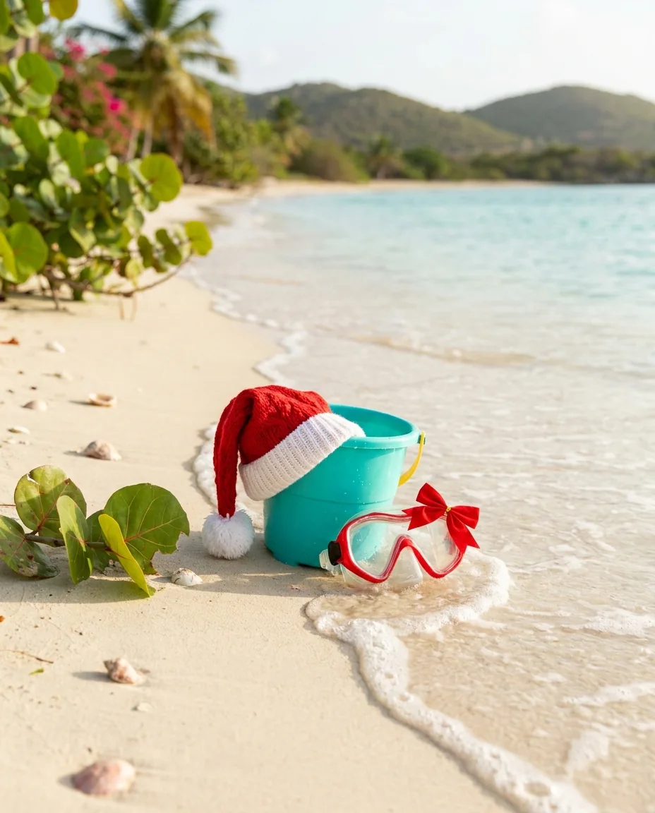 A Santa hat and a sand pail at the water's edge on Christmas morning