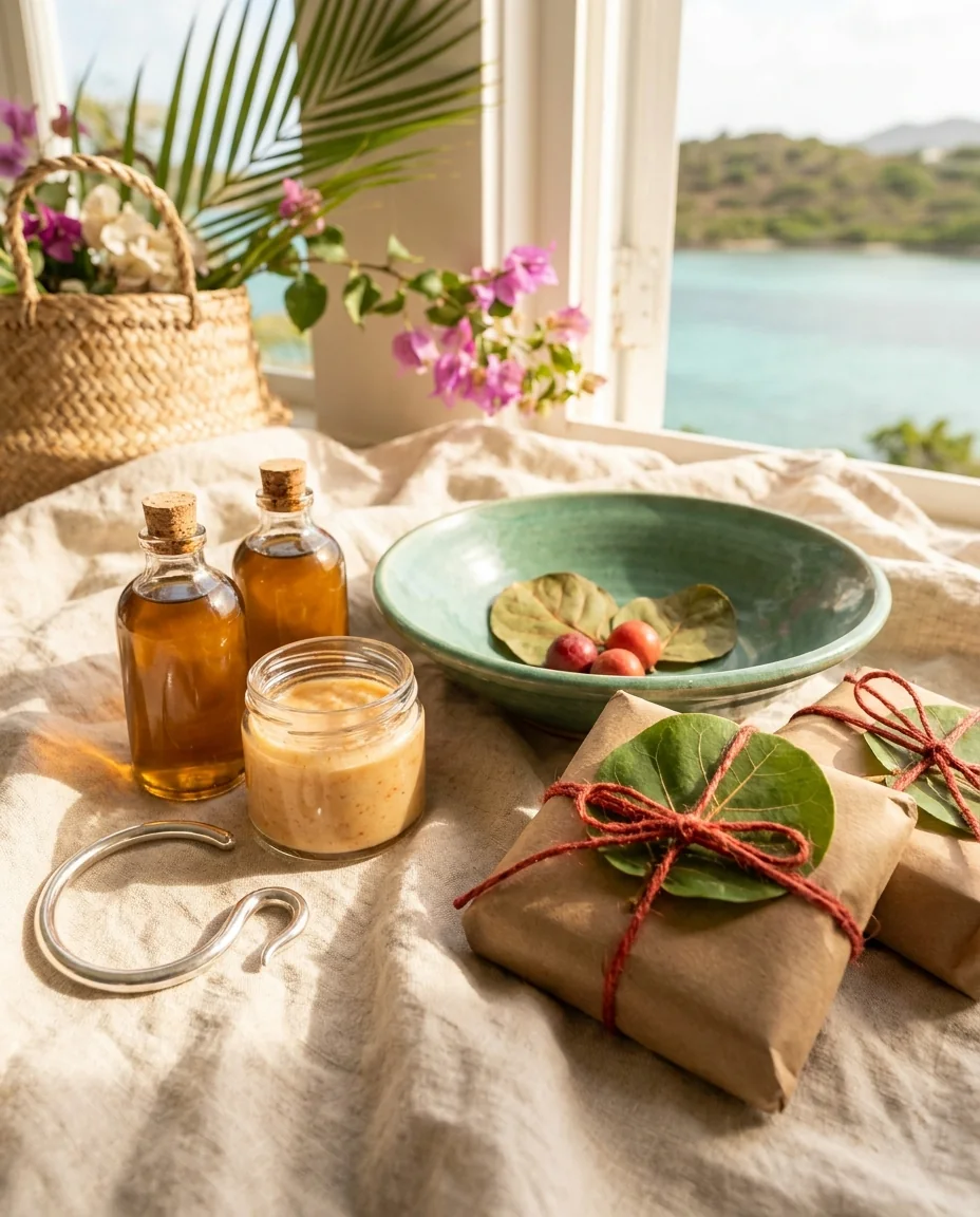 A hook bracelet, small bottles of rum and gifts wrapped in brown paper and red string