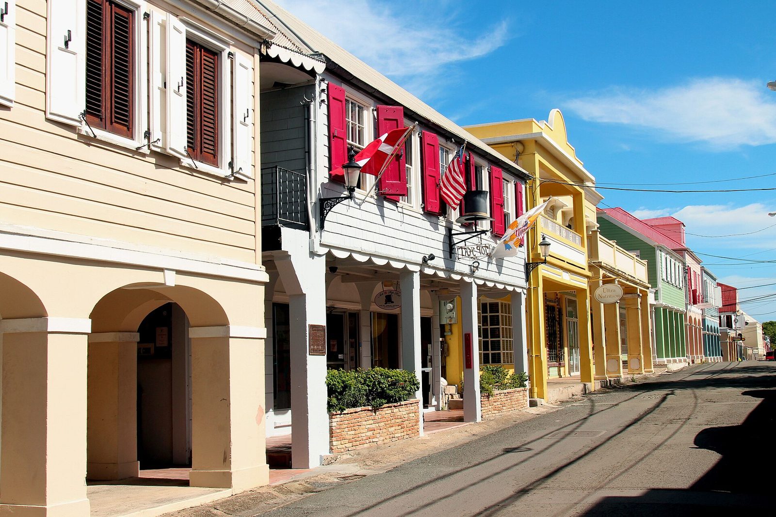 The historic streets of Christiansted, dense with galleries.
