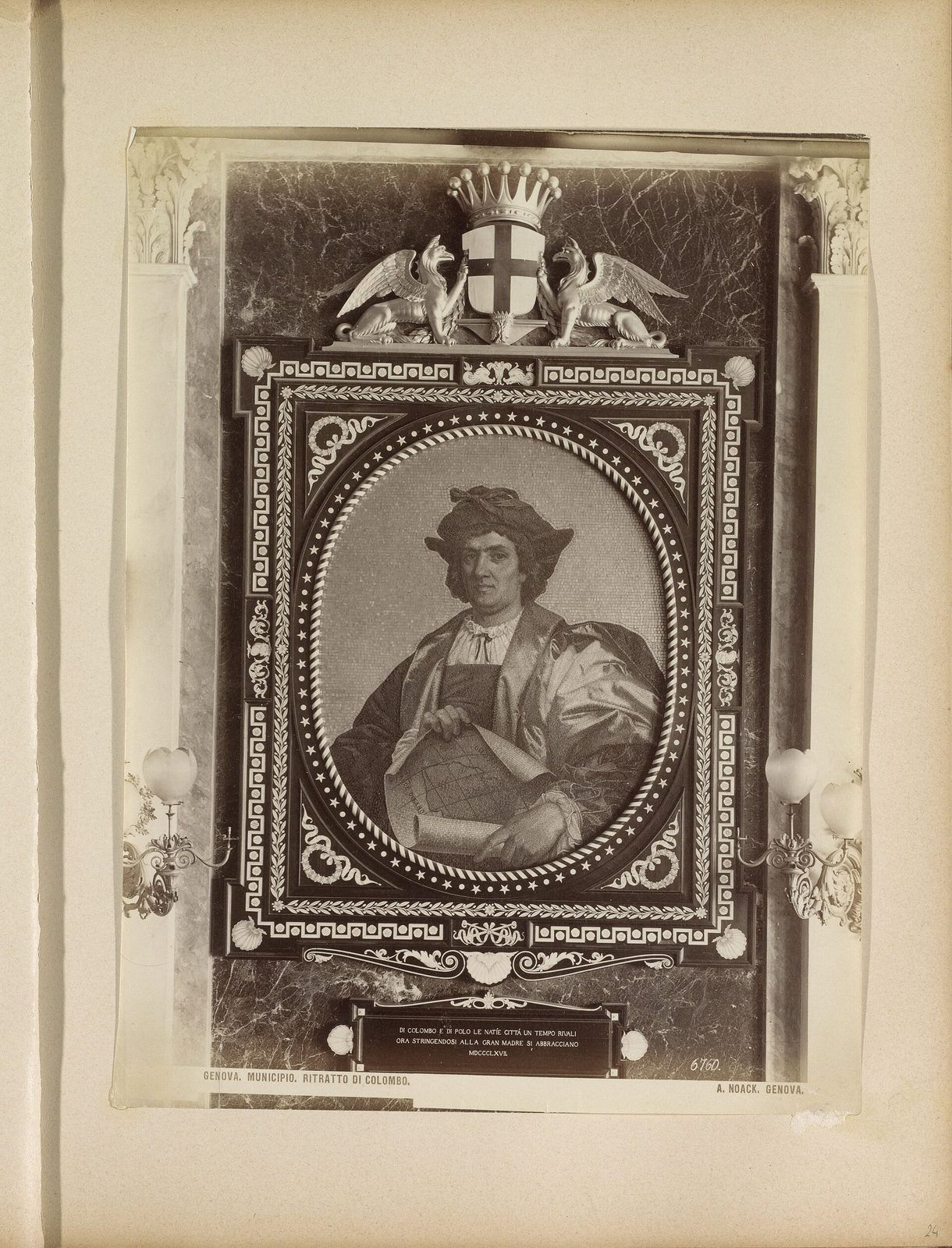 Mozaïek van een portret van Christoffel Columbus in het Palazzo Tursi in Genua Genova. Municipio. Ritratto di Colombo. (titel op object), RP-F-F01124-24