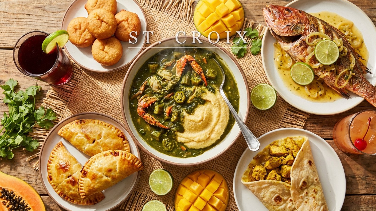 A St Croix Crucian food spread -- kallaloo over fungi, johnny cakes, pates, fried fish, roti and sorrel