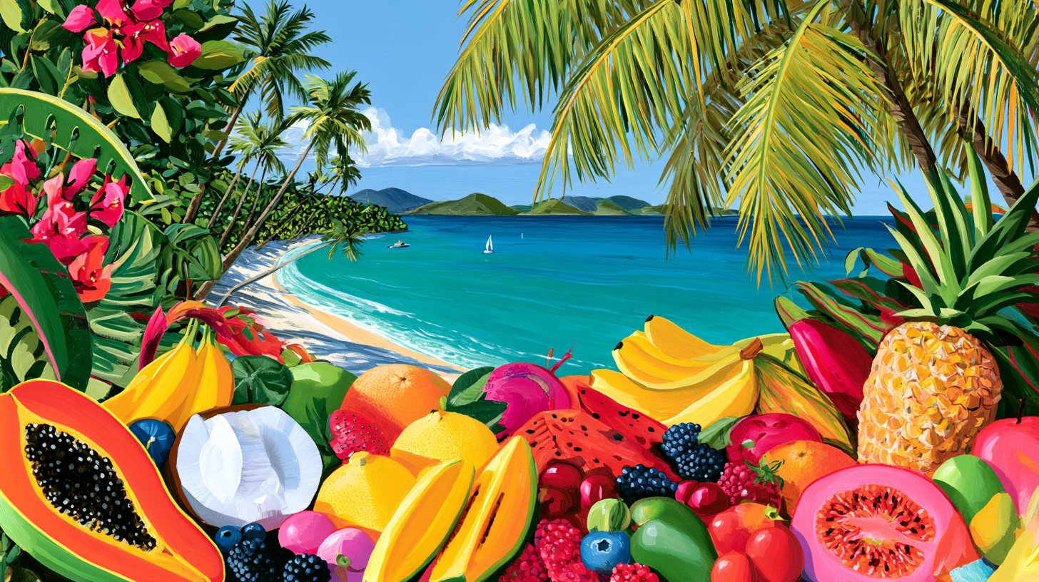 An original painting of Caribbean fruit and flowers above a turquoise bay
