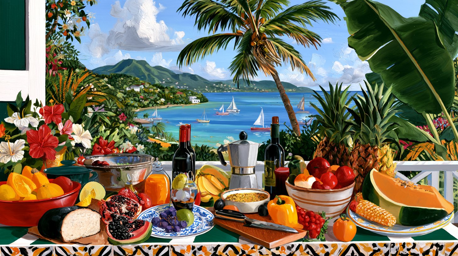 An original painting of a terrace table set for dinner above a sailboat-dotted bay