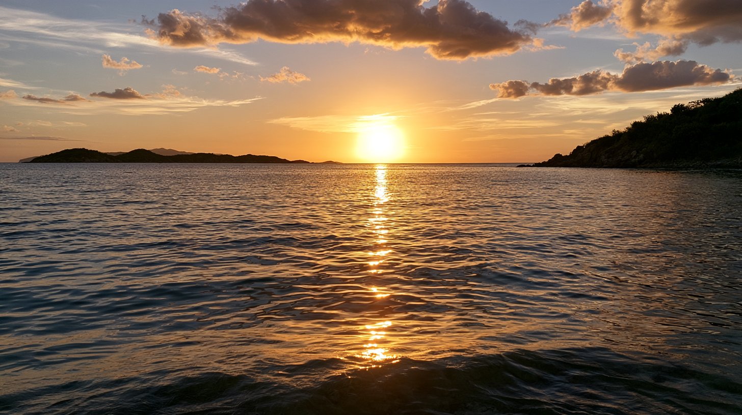 An original illustration of a Caribbean sunset over calm water