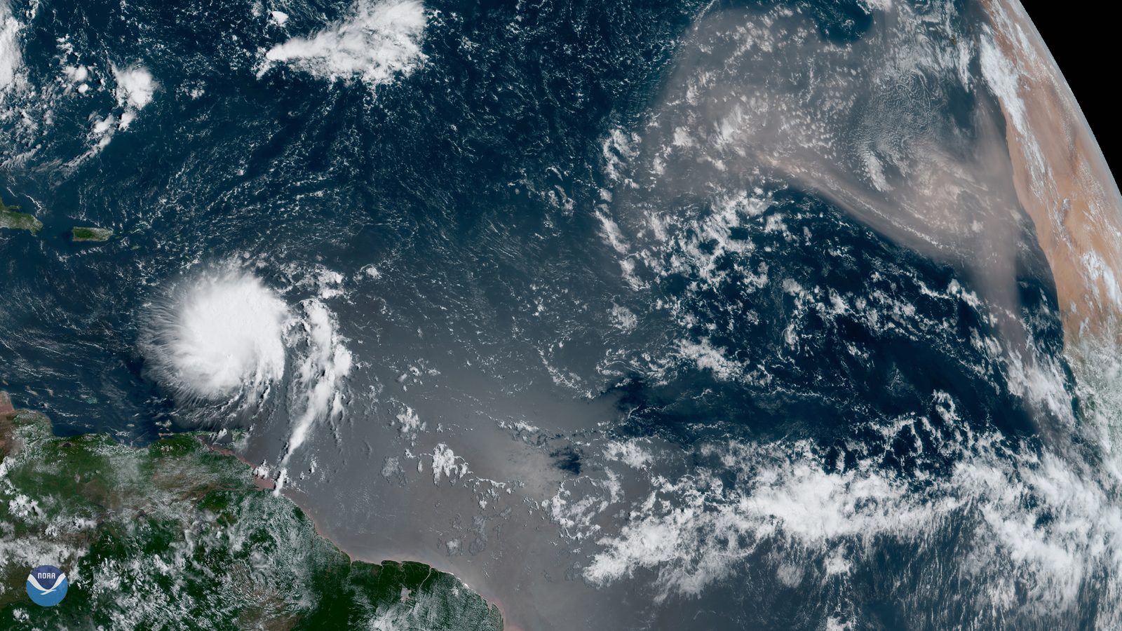 Dorian 2019-08-27 and Large Saharan Dust Plume Blows Across the Atlantic