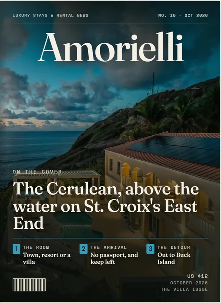 The October 2026 cover of Amorielli magazine, The Villa Issue, with a photograph of The Cerulean at dusk above the sea on St. Croix’s East End